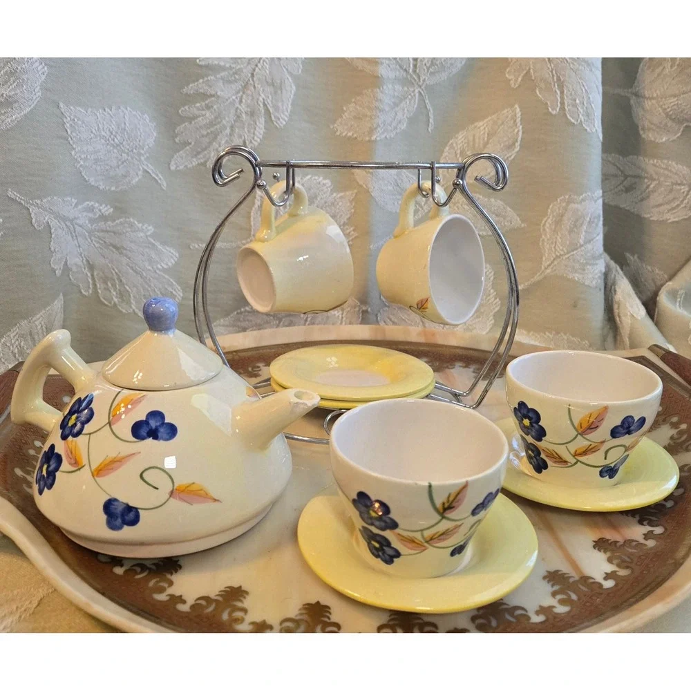 Vintage Miniature Tea Set Hand Painted Floral Ceramic Teapot Cups Saucers Stand